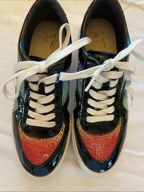 Mix No. 6 Emmalyn Black Patent Rainbow Rhinestone Platform Sneakers - size 10
